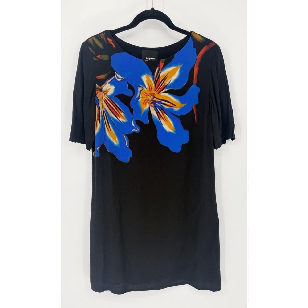Desigual Black Floral Abstract Print Short Shift Dress 40 (US MED) Viscose Artsy